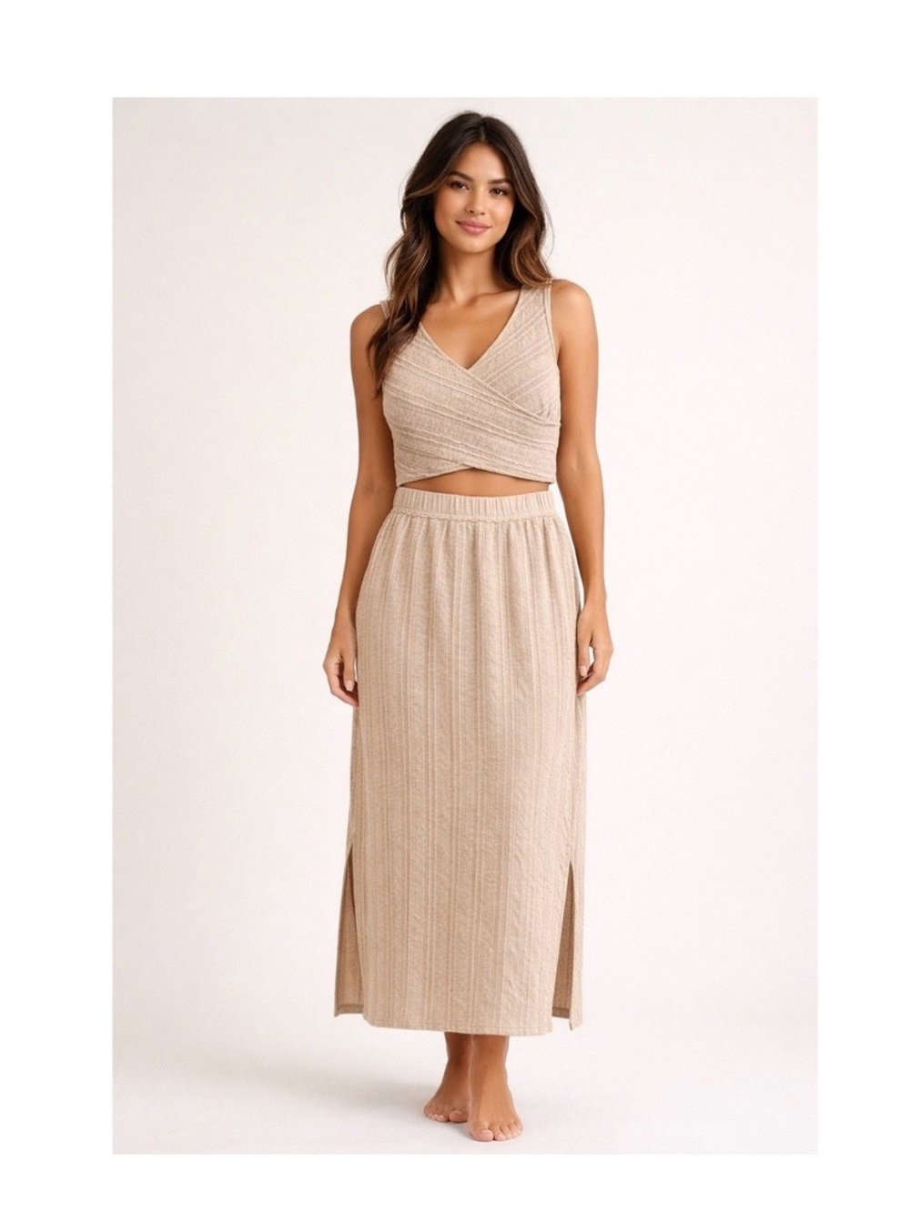 FP Beach Free People Set Cotton Beige Textured Crop Top Maxi Skirt 2 Piece M